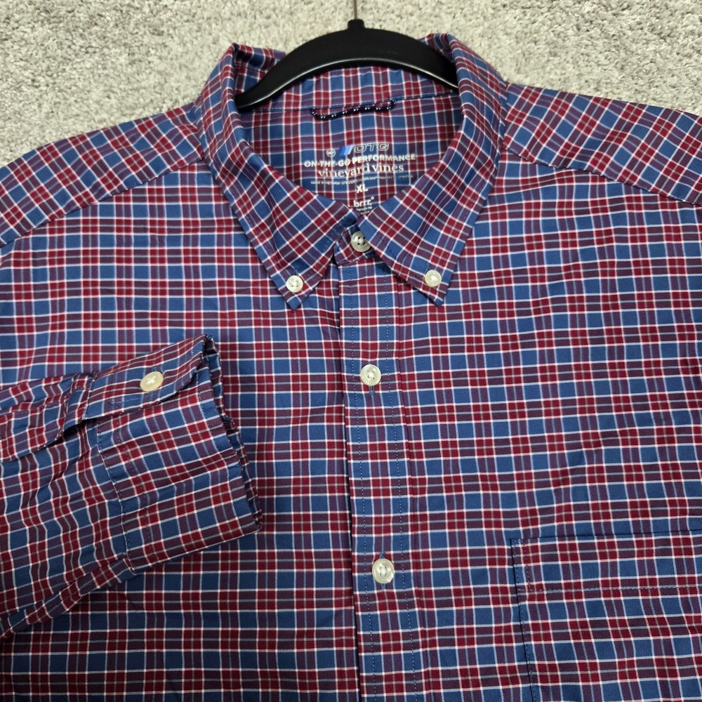 Vineyard Vines OTG shirt mens XL Red blue white Plaid Brrr‎ L/S performance